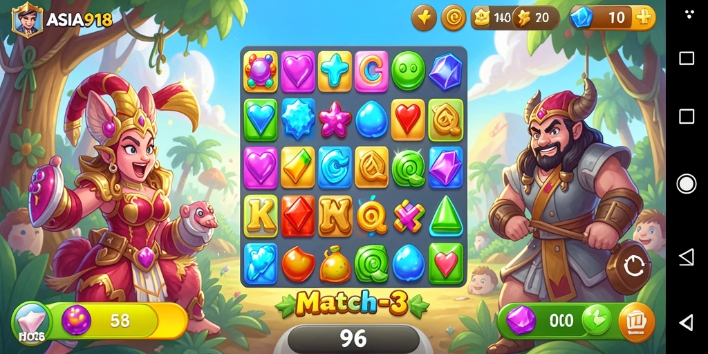 Tampilan gameplay Match-3 yang menarik dan penuh warna di ASIA918.