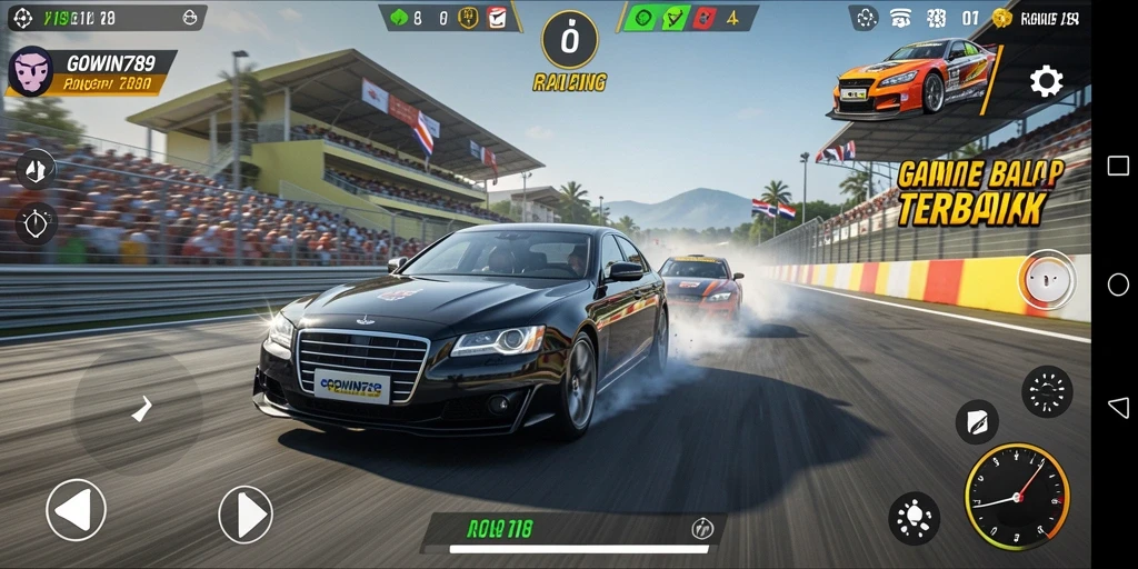 Tampilan gameplay seru dari GOWIN789 saat balapan di lintasan.