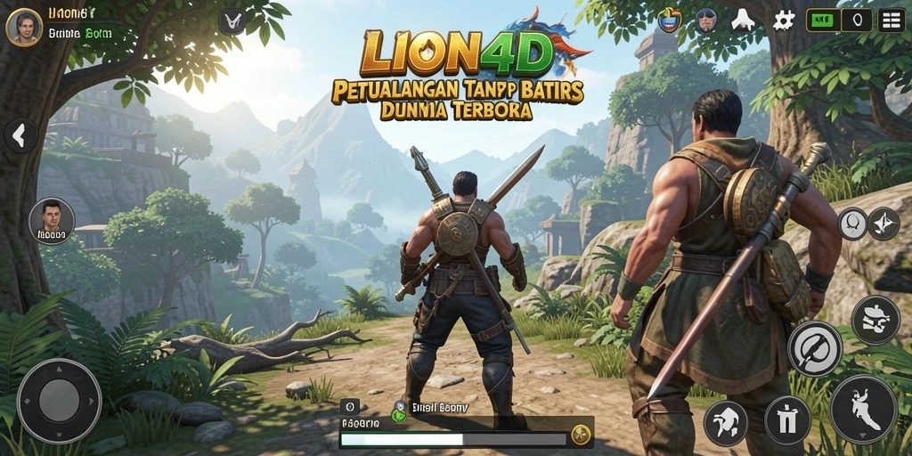 Screenshot gameplay LION4D menunjukkan karakter menjelajahi dunia terbuka yang luas.