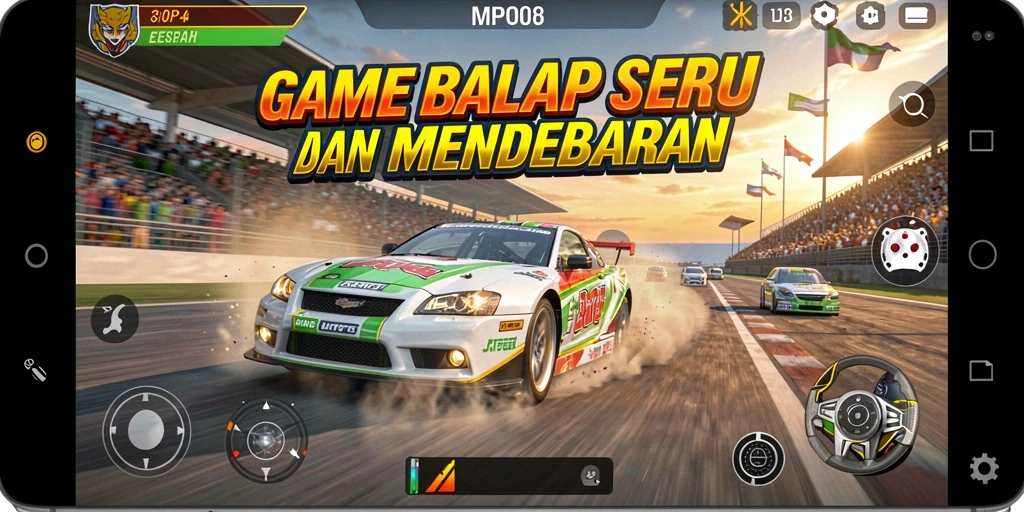 Screenshot utama MPO08 menunjukkan aksi balap yang mendebarkan.