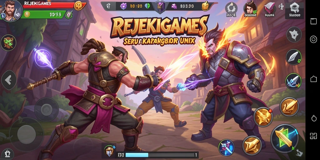 Screenshot gameplay <strong>REJEKIGAMES</strong> menunjukkan pertarungan seru antara karakter yang berbeda.