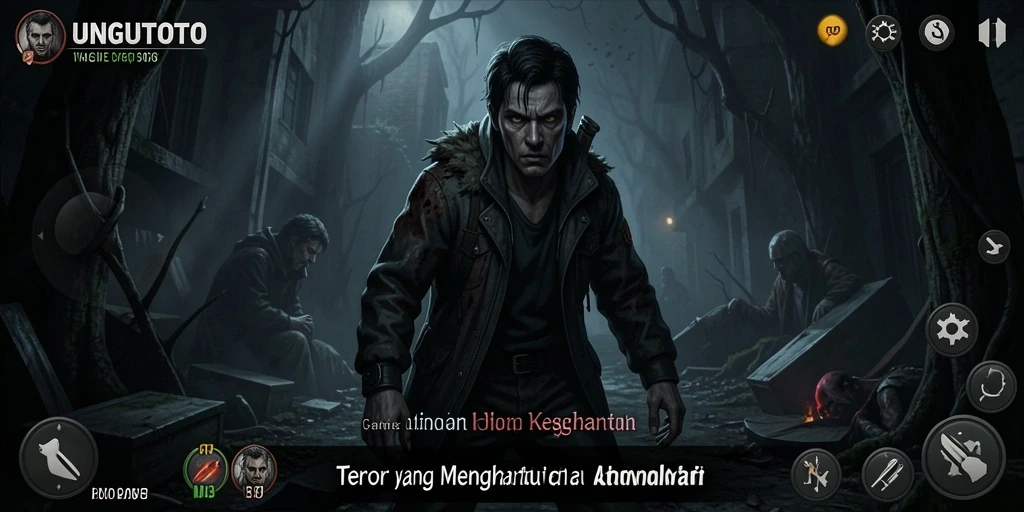 Screenshot utama UNGUTOTO menampilkan suasana menyeramkan dengan hantu yang mengintai.