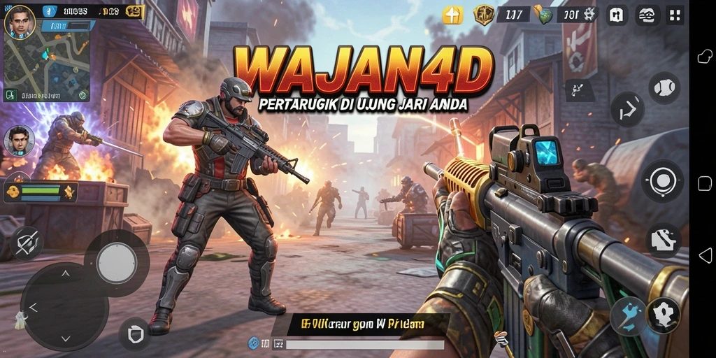 Screenshot gameplay WAJAN4D menampilkan aksi pertarungan FPS yang intens.